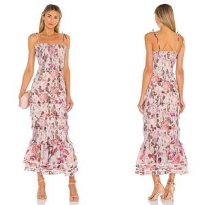 V. Chapman Geranium Smocked Tiered Floral Ruffle Midi Dress in Garden Rose Sz 10